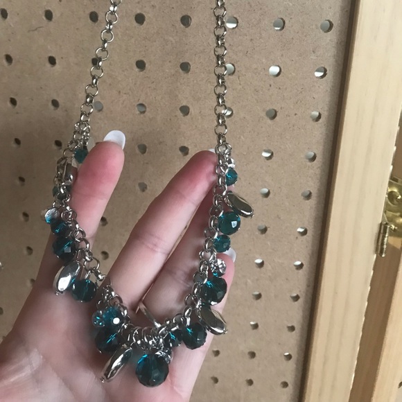 Blue crystal & silver charms chain necklace